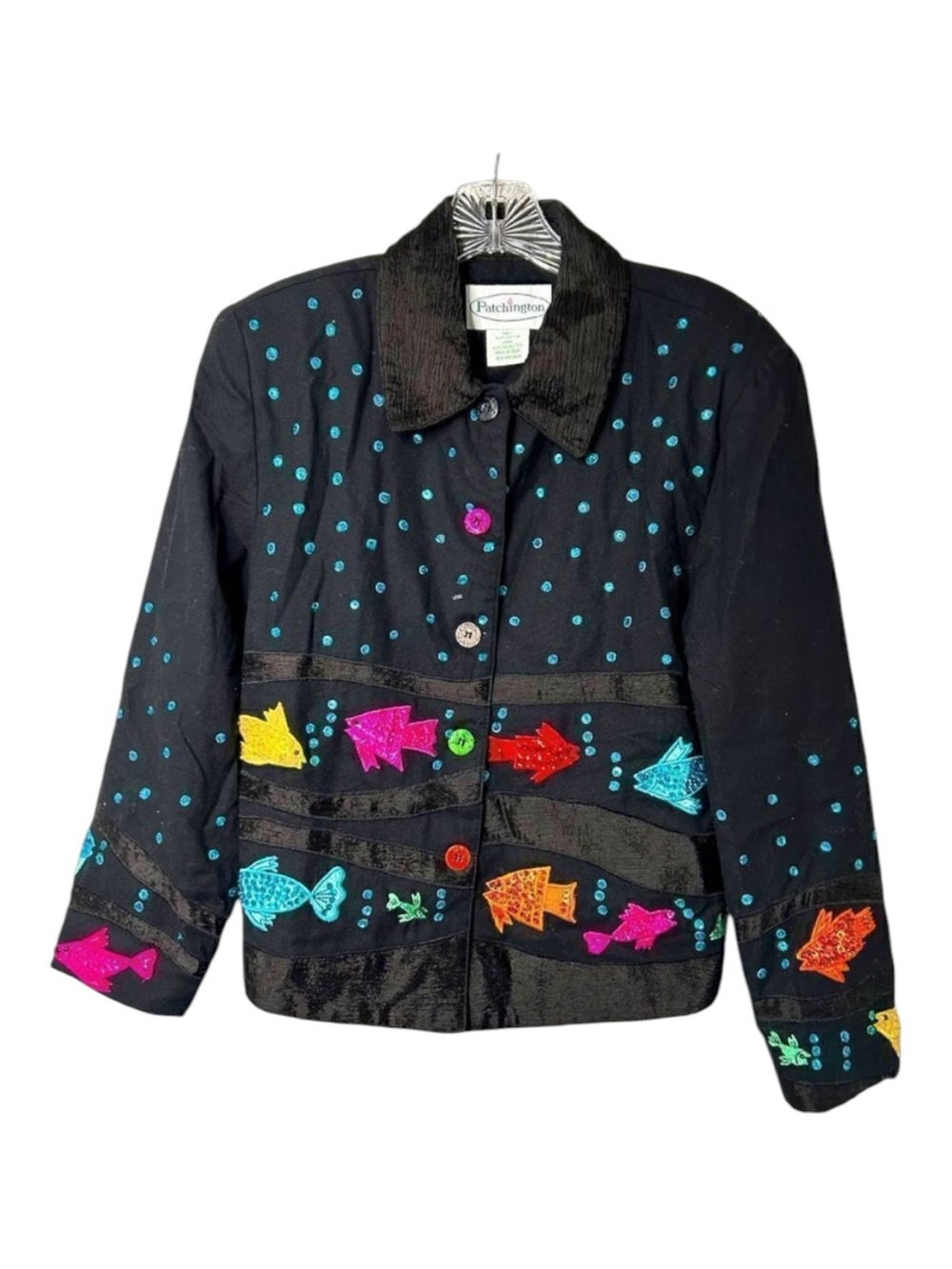 Patchington Black Blazer Pink Blue Orange Embroidered Sequence Fish Womens M